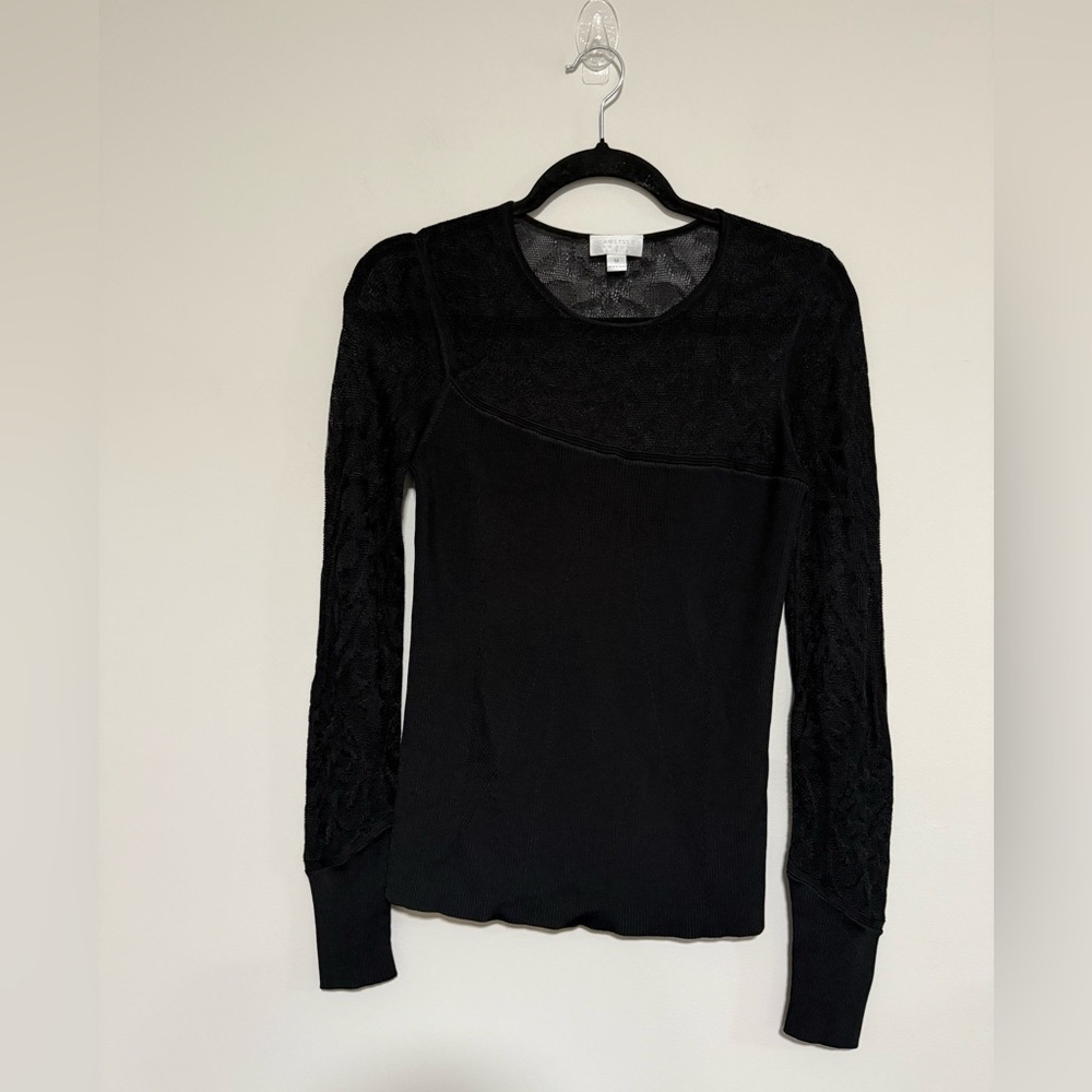 Carlisle Collection Black Lace Ribbed Knit Long Sleeve Top Size Medium
